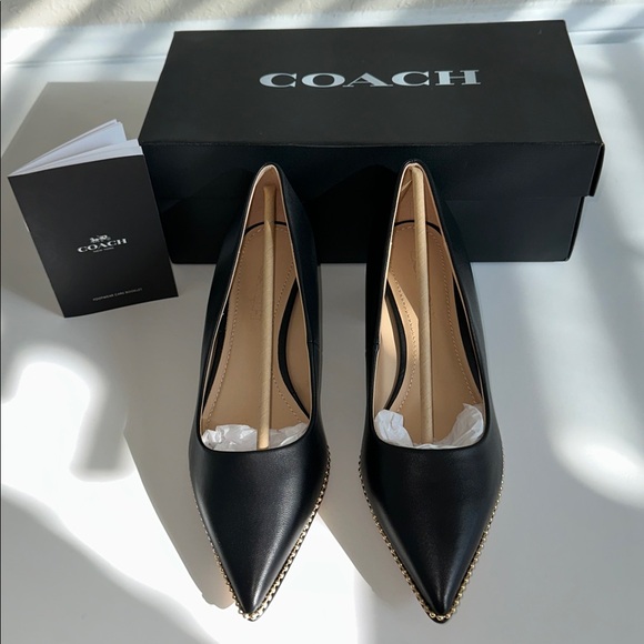 Coach Shoes - Coach Black Leather Pointed Low Heel Pump with Gold Bead Trim US Size 8B